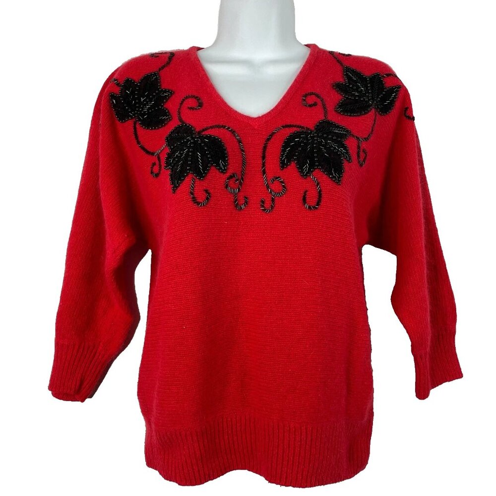 Vintage 80s Le Chois Sweater Size XS PETITE Fuzzy Red Silk Angora Black Beaded